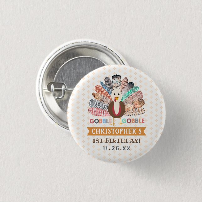 Little Turkey Thanksgiving Any Age Birthday Party Button (Front & Back)