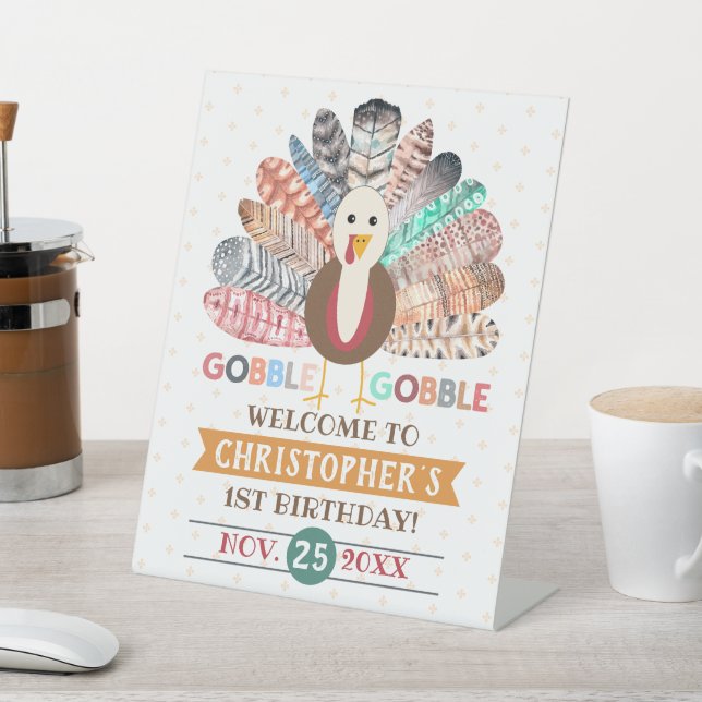 Little Turkey Thanksgiving Any Age Birthday Party Pedestal Sign (In SItu)