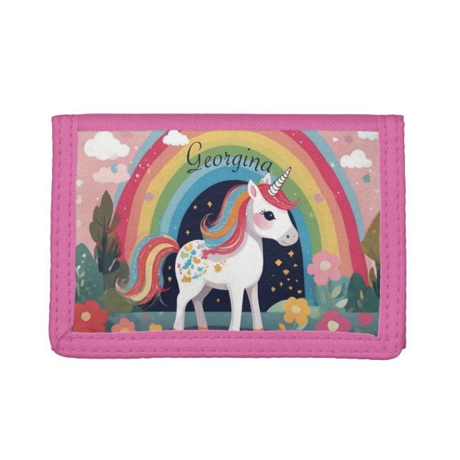 Little Unicorn And Magical Rainbow Personalized Trifold Wallet (Front)