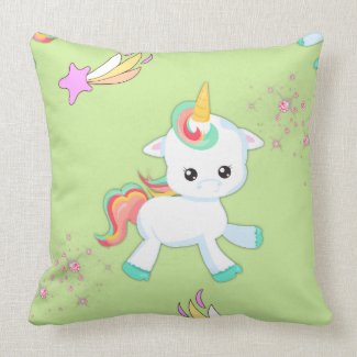 Little Unicorn on Green Throw Pillow