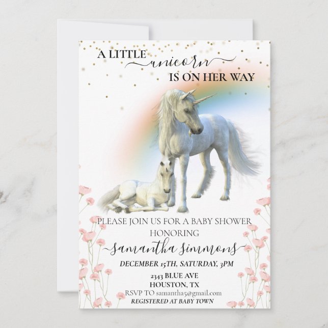 Little Unicorn on Her way Rainbow Floral Invitation (Front)