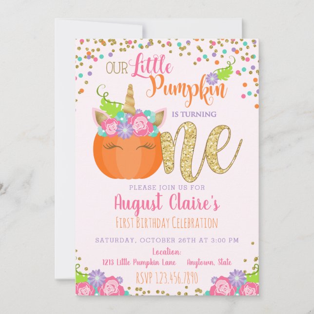Little Unicorn Pumpkin Fall Birthday Invitation (Front)