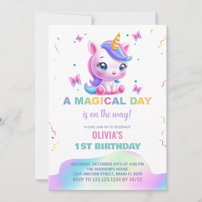 Little Unicorn Rainbow Birthday Invitations (Front)