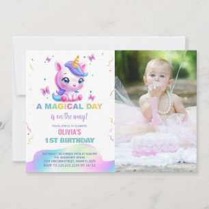 Little Unicorn Rainbow Birthday Invitations photo