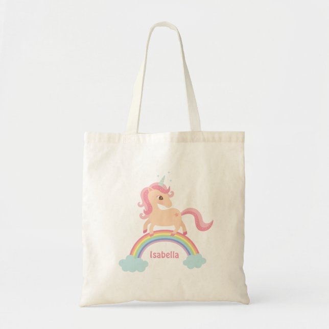 Little Unicorn with Star on Rainbow Girls Tote Bag (Front)