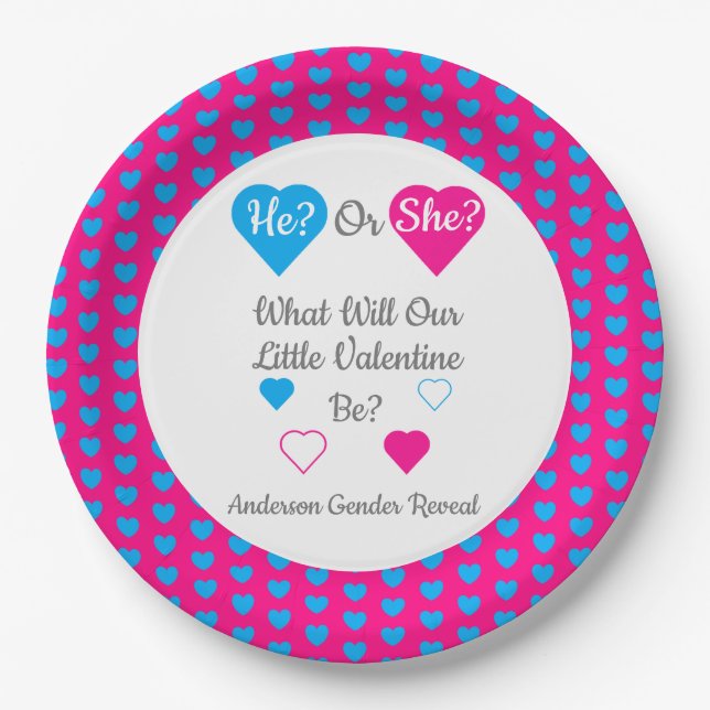 Little Valentine Valentine's Day Gender Reveal Paper Plates (Front)