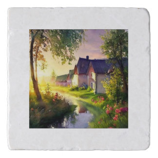 little village by a stream     trivet