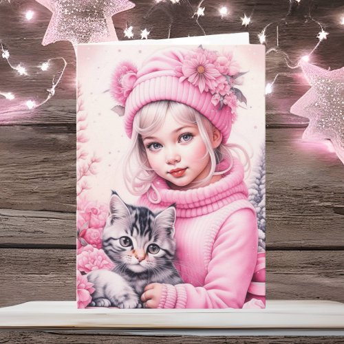 Little Vintage Girl and Sweet Kitten Joyeux Nol Card