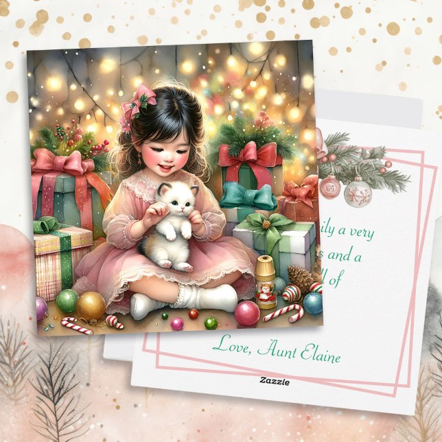 Little Vintage Girl in Pink with Kitten Christmas Holiday Card (Creator Uploaded)
