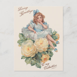Little Vintage Girl, Roses & Valentine Greetings Holiday Postcard