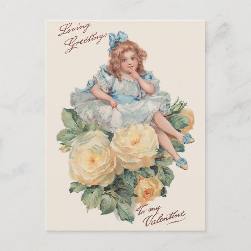 Little Vintage Girl Roses  Valentine Greetings Holiday Postcard