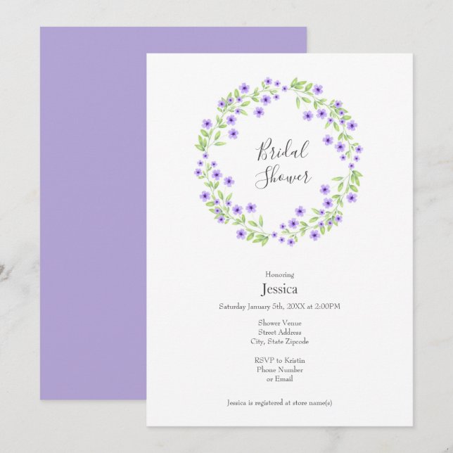 Little Violet Blossoms Watercolor Wreath Invitation (Front/Back)