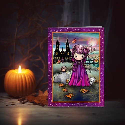 Little Violet Cute Halloween Vampire, Cat, and Owl Card