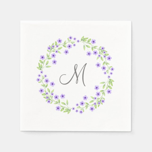 Little Violet Watercolor Blossoms Wreath Napkins (Front)