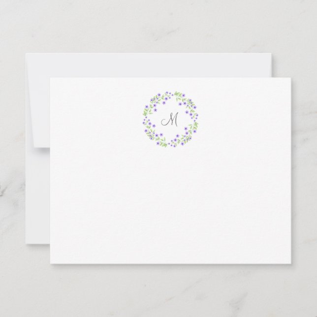 Little Violet Watercolor Blossoms Wreath Note Card (Front)