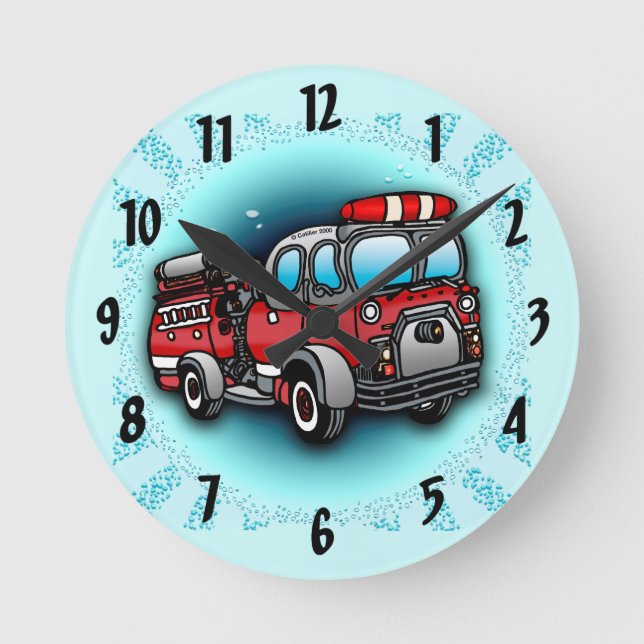Little Water Firetruck firefighter Round Clock (Front)