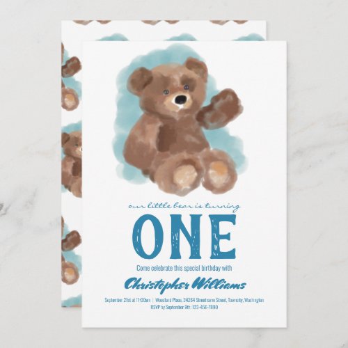 Little Watercolor Bear Cute Animal First Birthday Invitation