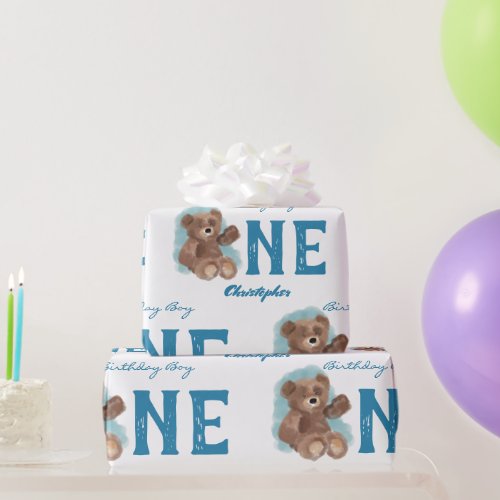 Little Watercolor Bear Cute Animal First Birthday Wrapping Paper