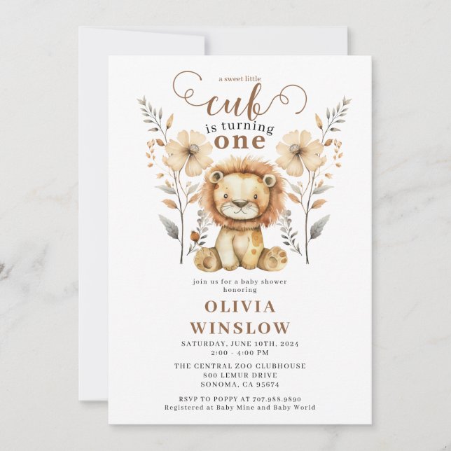 Little Watercolor Lion Safari Animal 1st Birthday Invitation (Front)