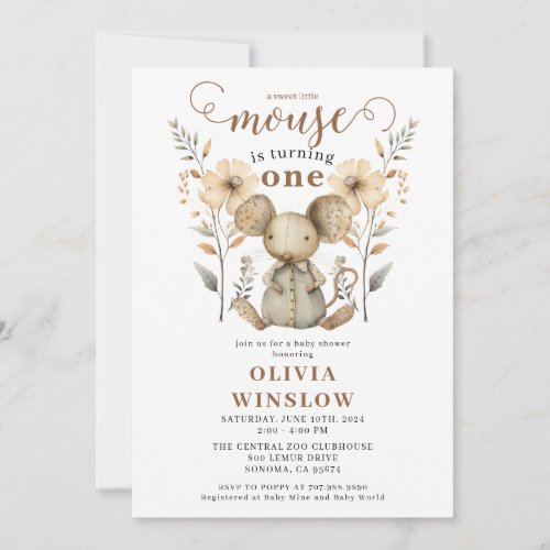 Little Watercolor Mouse 1st Birthday Invitation