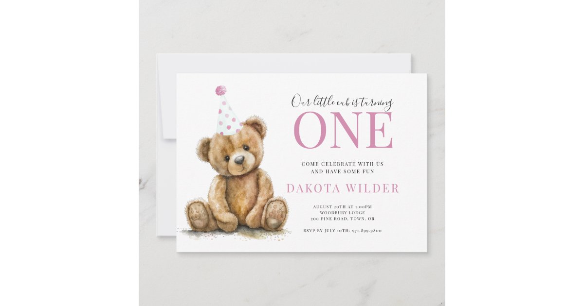 Little Watercolor Teddy Bear Girl 1st Birthday Invitation | Zazzle