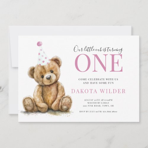 Little Watercolor Teddy Bear Girl 1st Birthday Invitation
