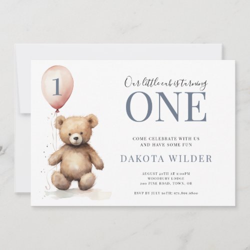 Little Watercolor Teddy Bear oy 1st Brithday Invitation