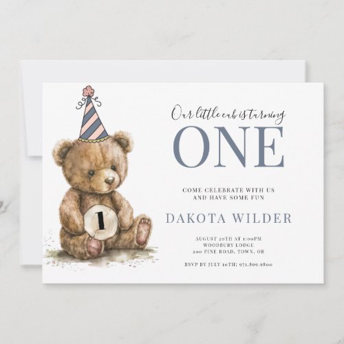 Little Watercolor Teddy Bear Turning One Birthday Invitation