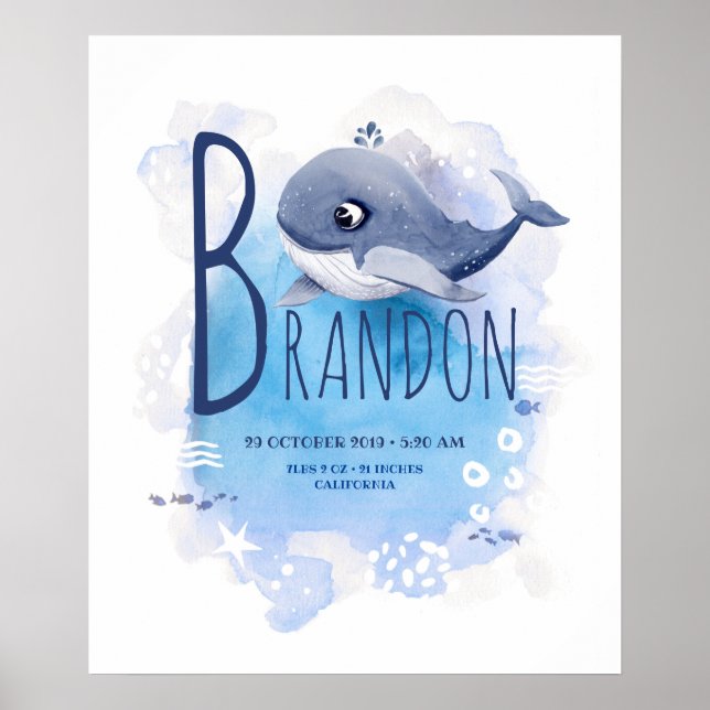 Little Whale Blue Ocean Baby Name and Birth Stats Poster (Front)