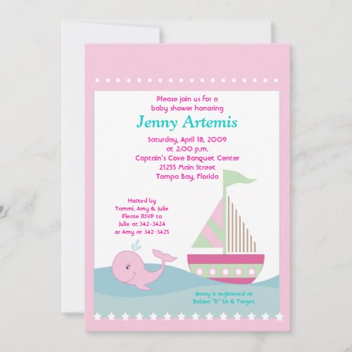 Little Whale Pink Sailboat Baby Shower 5x7 Announcement