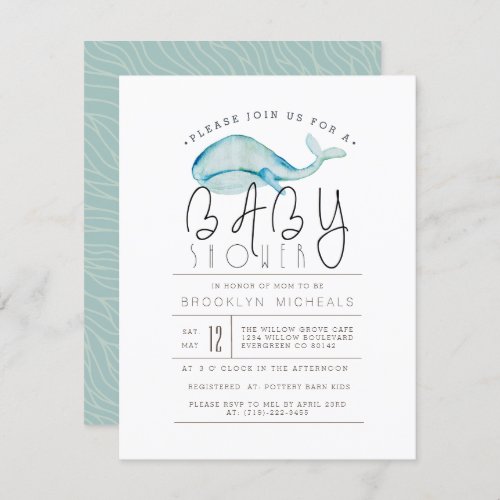 Little Whale Watercolor  Aquatic Baby Shower Invitation