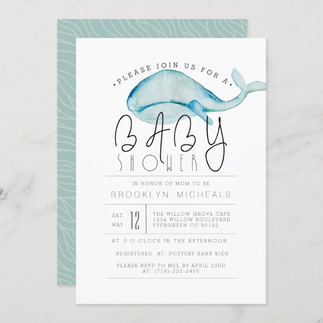 Little Whale Watercolor | Aquatic Baby Shower Invitation (Front/Back)