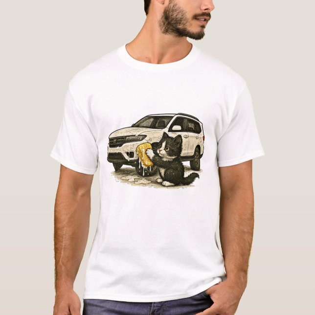 Little Whimsical Cat Wash the Car T-Shirt (Front)