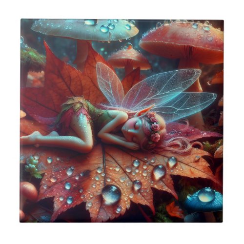 Little Whimsical Fairy Sleeping on a Leaf Ceramic Tile