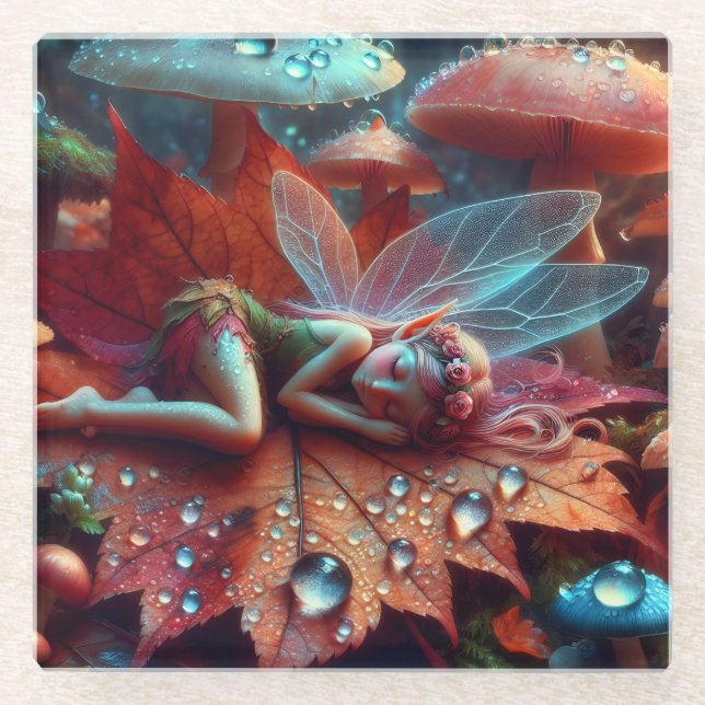 Little Whimsical Fairy Sleeping on a Leaf Glass Coaster (Front)