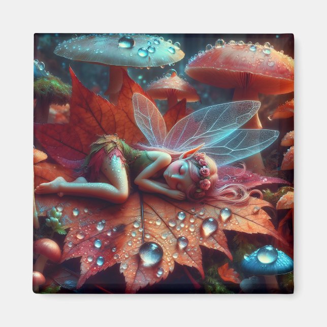 Little Whimsical Fairy Sleeping on a Leaf Magnet (Front)