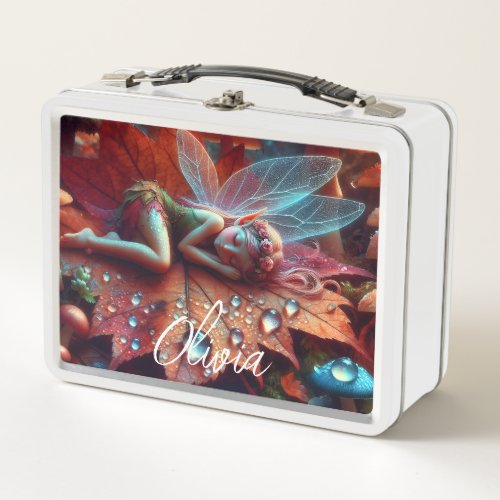 Little Whimsical Fairy Sleeping on a Leaf Metal Lunch Box
