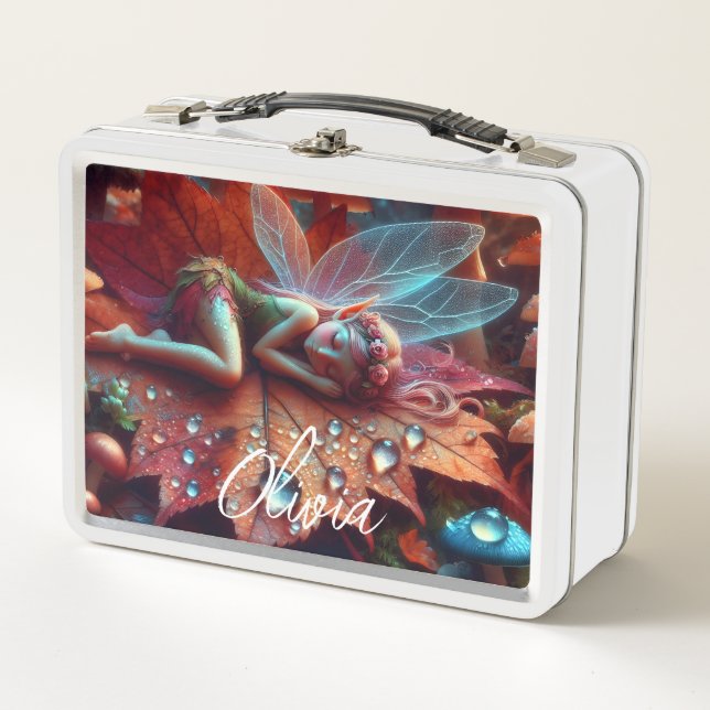 Little Whimsical Fairy Sleeping on a Leaf Metal Lunch Box (Front)