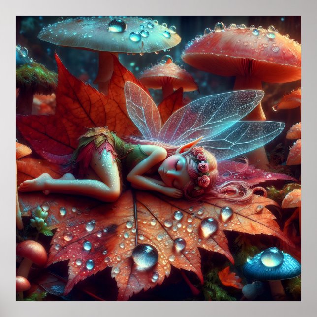 Little Whimsical Fairy Sleeping on a Leaf Poster (Front)