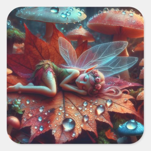 Little Whimsical Fairy Sleeping on a Leaf Square Sticker