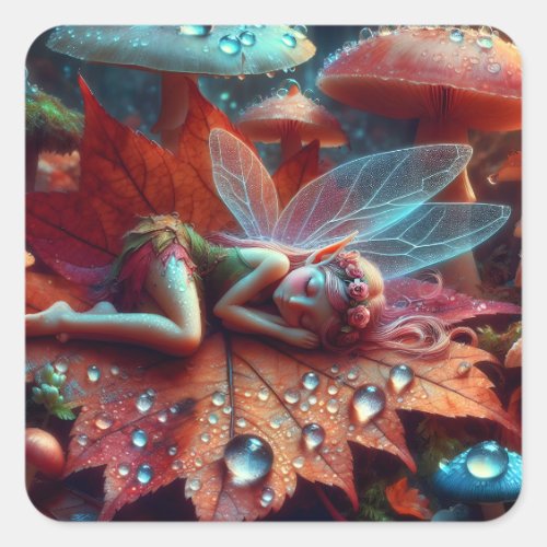 Little Whimsical Fairy Sleeping on a Leaf Square Sticker
