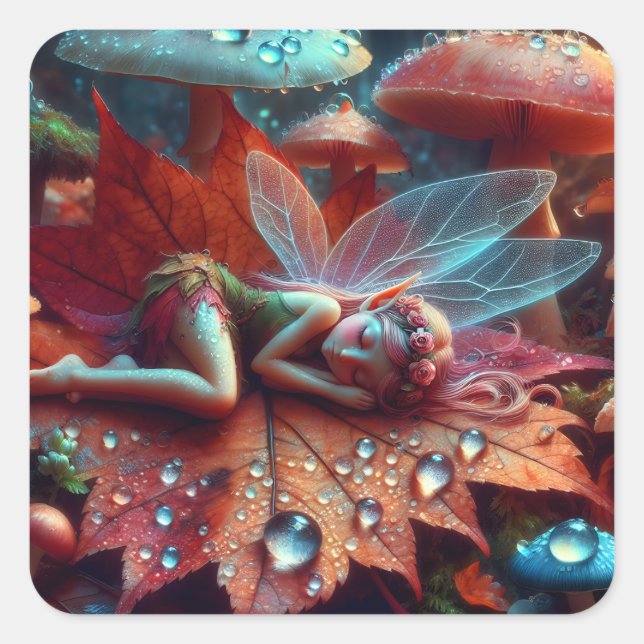 Little Whimsical Fairy Sleeping on a Leaf Square Sticker (Front)