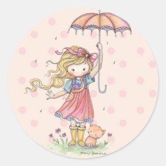 Little Whimsical Girl and Kitten in the Rain Classic Round Sticker