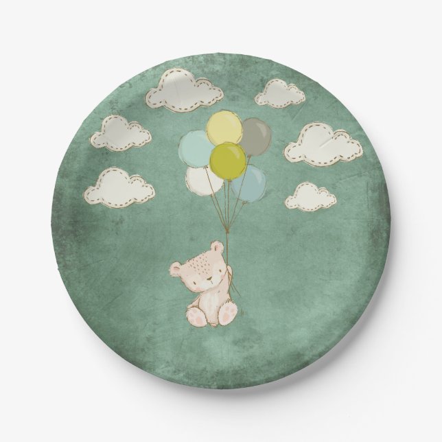 Little White Bear with Balloons and Clouds Paper Plates (Front)