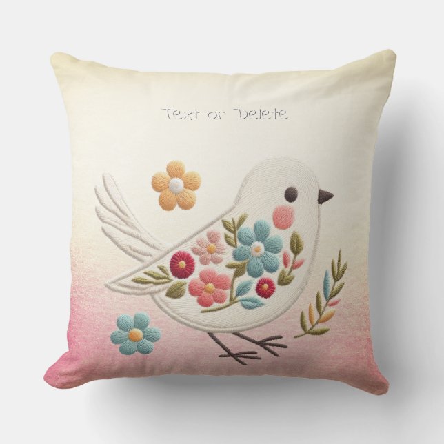 Little White Bird Floral Throw Pillow (Front)