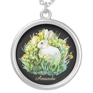 Little white bunny and flowers silver plated necklace