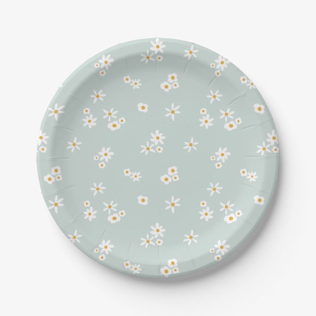 Little White Flowers on blue - seamless pattern. Paper Plates (Front)