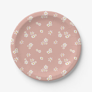 Little White Flowers on pink - seamless pattern. Paper Plates