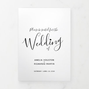 Little white heart script black white mono wedding Tri-Fold program