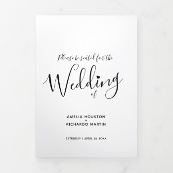 Little White Heart Script Black White Mono Wedding Tri-fold Program by mylittleedenweddings at Zazzle